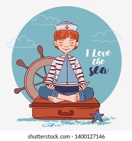 Cute boy sitting on a suitcase and playing with toy sailing boat. Travel vector concept 