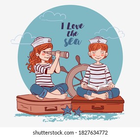 Cute boy sitting on a suitcase and reading a book. Little girl looking in spyglass. Travel and adventure concept 