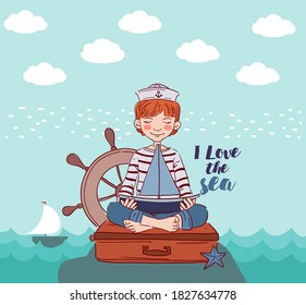 Cute boy sitting on a suitcase and playing with toy sailing boat. Travel  vector concept