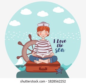 Cute boy sitting on a suitcase and reading a book. Travel and adventure concept 