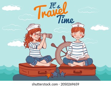Cute boy sitting on a suitcase and reading a book. Little girl looking in spyglass. Travel and adventure concept 