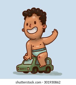 cute boy sitting on a toy car, vector