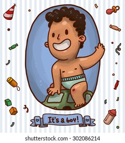 cute boy sitting on a toy car, in frame, with pattern on background,vector