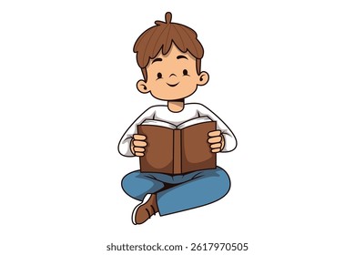 Cute Boy Sitting and Reading a Book – Back to School Cartoon Illustration