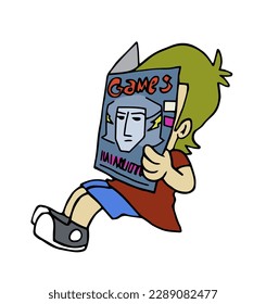 Cute Junge sitzend Lektüre Comics, Games Magazin. Kinder, Kinder, Kindheit. Farbige Vektorgrafik im Cartoon-Stil, einzeln auf weißem Hintergrund.