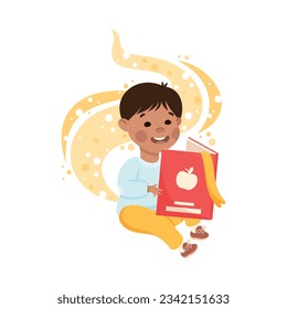 Cute Boy Sitting Reading Open Book and Dreaming Vector Illustration