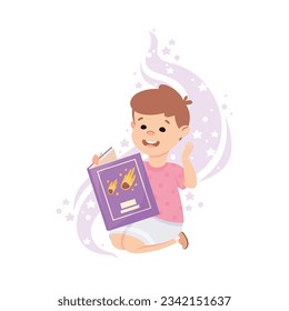 Cute Boy Sitting Reading Open Book and Dreaming Vector Illustration