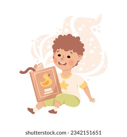 Cute Boy Sitting Reading Open Book and Dreaming Vector Illustration