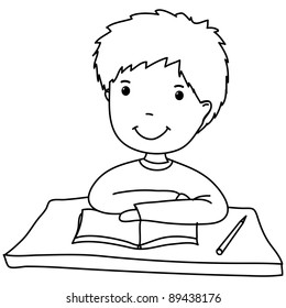 cute  boy sitting at the table, cartoon, line art, coloring