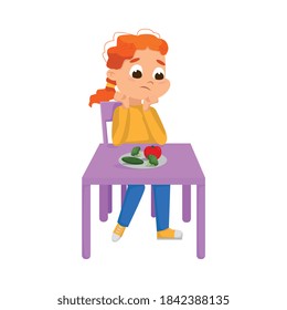 Cute Boy Sitting at Table and Eating Vegetables, Child Refusing to Eat Healthy Food Cartoon Style Vector Illustration