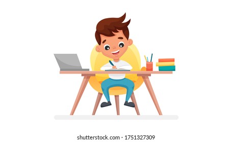 Cute boy sitting at a table and working with computer at home in e class. Online education concept,e-learning. Vector flat cartoon illustration