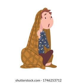 Cute Boy Sitting unter Blanket, Adorable Curiosity Child Character Cartoon Style Vektorgrafik auf weißem Hintergrund