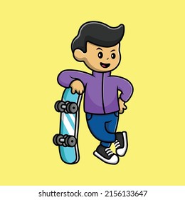 Cute Boy With Skateboard Cartoon Vector Icon Illustration. People Sport Icon Concept Isolated Premium Vector.