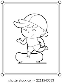 Cute boy skateboarding suitable for children's coloring page vector illustration