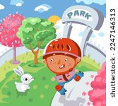 Cute boy skates on roller skates on path in park. Sport and children. Rabbit sitting on grass.  Vector cartoon illustration scene for design. 