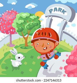 Cute boy skates on roller skates on path in park. Sport and children. Rabbit sitting on grass.  Vector cartoon illustration scene for design. 