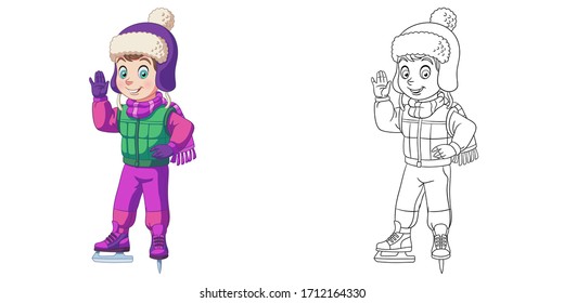 Cute boy skating. Coloring page and colorful clipart character. Cartoon design for t shirt print, icon, logo, label, patch or sticker. Vector illustration.