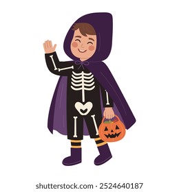 Lindo chico en traje de esqueleto. Niño en traje de Halloween truco o trato. El niño en el manto sostiene el cubo en forma de calabaza y agita la mano. Ilustración plana de Vector