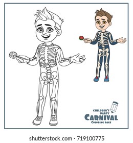Cute boy in skeleton costume color and outlined for coloring page