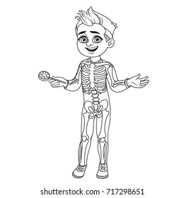 Cute boy in skeleton costume outlined for coloring page