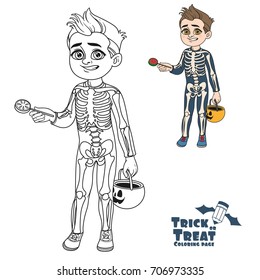 Cute boy in skeleton costume with a pumpkin bag for sweets trick or treat color and outlined for coloring page
