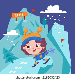 Cute boy is skiing in blue, orange clothes. Winter holidays in the Alps. Funny character in a mountain landscape. Vector illustration.