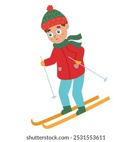 Cute boy skiing isolated on white background. Winter sport activity print with a kid in cartoon style. Vector illustration