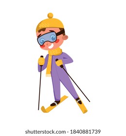 Cute Boy Skiing, Kid Doing Winter Sports, Active Healthy Lifestyle Concept Cartoon Style Vector Illustration