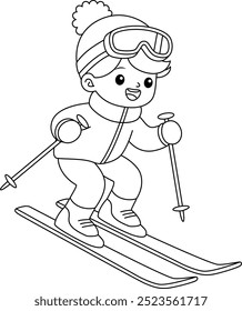 Cute boy skiing outline coloring page. Christmas and Winter Illustration 