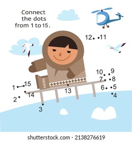 Cute Boy sledding. Activity page puzzle for kids. Educational game. Connect dots from 1 to 15. Vector illustration.