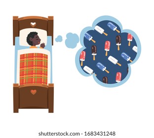 Cute Boy Sleeping in Bed and Dreaming About Ice Cream, Kid Lying in Bed Having Sweet Dreams Vector Illustration