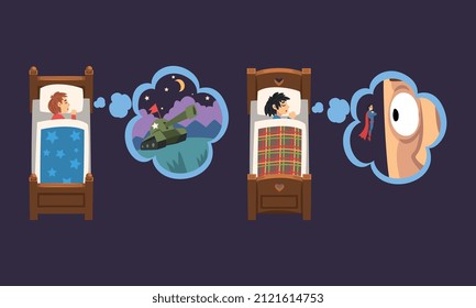 Cute Boy Sleeping in Bed Under Blanket and Dreaming About Superhero and Tank Vector Set
