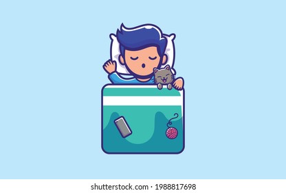 Cute boy sleeping with cat cartoon illustration