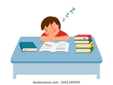 Cute boy sleeping in class. Lazy student sleeping while doing homework.