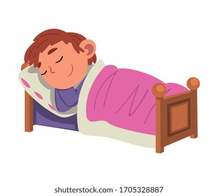 Cute Boy Sleeping in His Bed, Preschool Kid Daily Routine Activity Cartoon Vector Illustration