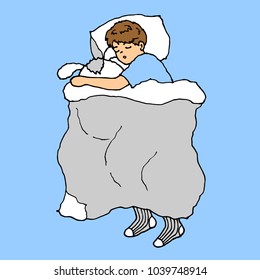 cute boy sleeping hug doll in bed, vector hand drawing doodle sketch