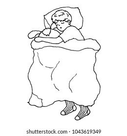 cute boy sleeping hug doll in bed, vector hand drawing doodle sketch