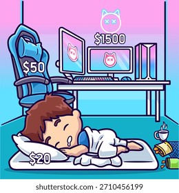 Niño lindo durmiendo en la cama con dibujos animados de computadora de Espacio de trabajo 
Ilustración de icono de Vector. Concepto de icono de Festiva animal aislado 
Vector de Premium. Estilo plano de la historieta 