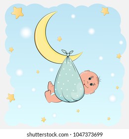 Cute Boy Sleeping on a Moon. Baby Shower or Greeting Card. T-shirt design for kids. Vector illustration.