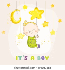 Cute Boy Sleeping on a Star. Baby Shower or Arrival Card in vector