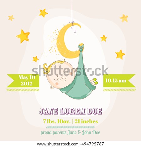Cute Boy Sleeping on a Star, Baby Shower or Arrival Card, in vector