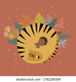 Niño lindo durmiendo con tigre entre las estrellas