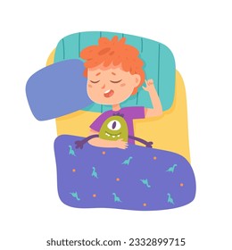 Cute boy sleeping with toy in bed vector illustration. Cartoon isolated child lying in bed with doll friend to sleep, bedroom top view to lazy little toddler resting on soft pillows under blanket