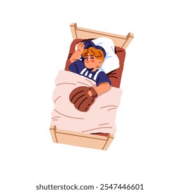 Cute boy sleeps top view. Tired kid naps. Asleep little baseball player has a rest at night. Child in pajamas lying in bed, relaxes, dreams on pillow. Flat isolated vector illustration on white