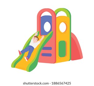 Cute boy sliding down colorful kids slide flat vector illustration isolated on white background. Children playground or amusement park zone equipment.