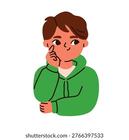 Cute boy with sly smirk, scheming, planning and plotting. Child looking aside, thinking. Crafty playful kid, intrigue expression, emotion. Flat vector illustration isolated on white background