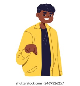 Cute boy smiles, pointing down with finger. Happy teenager showing direction of movement. Black teen gesturing, indicates downward with hand. Flat isolated vector illustration on white background