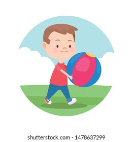 Cute boy smiling and playing with ball in park cartoon round icon cartoon vector illustration graphic design.
