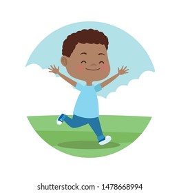 Cute boy smiling and playing in park. cartoon round icon cartoon vector illustration graphic design.
