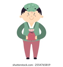 Cute boy in snake hat, holding traditional Korean gift character illustration. Hand drawn cartoon vector illustration. Flat style design. Seollal holiday card, poster, banner element
